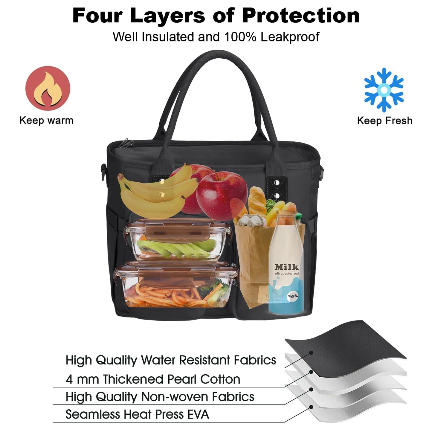 Hafmall Large Insulated Lunch Bag for Women Men, Leakproof Wide Opening Lunch Box for Adults, Reusable Lunch Tote Bag with Shoulder Strap, Womens Lunch Bag for Work, Picnic, Black