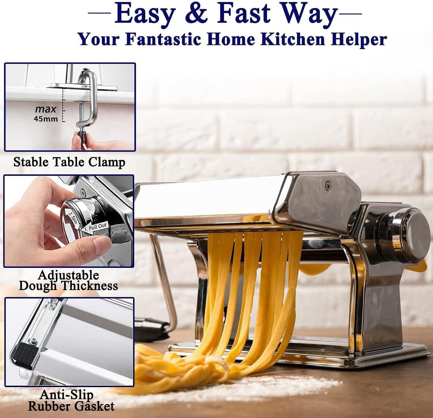 Pasta Maker, 150 Roller Pasta Machine, 7 Adjustable Thickness Settings Noodles Roller with 2-in-1 Noodles Maker with Rollers and Cutter, Perfect for Spaghetti,Fettuccini, Lasagna or Dumpling Skins