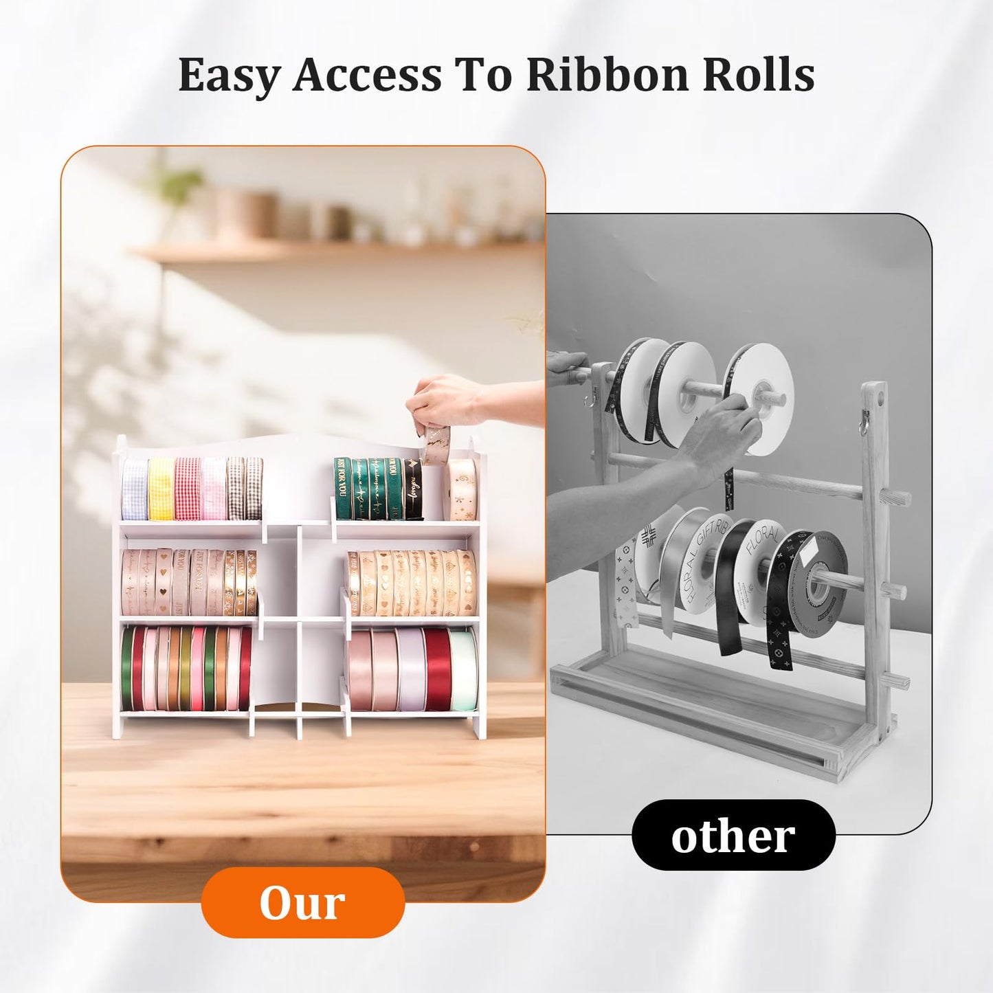 Krafetto Stackable Small Roll Ribbon Storage Organizer Rack, Wall-Mountable Ribbon Holder Rack for Craft Room, Desktop Ribbon Spool Holder for Ribbons up to 4" in Diameter