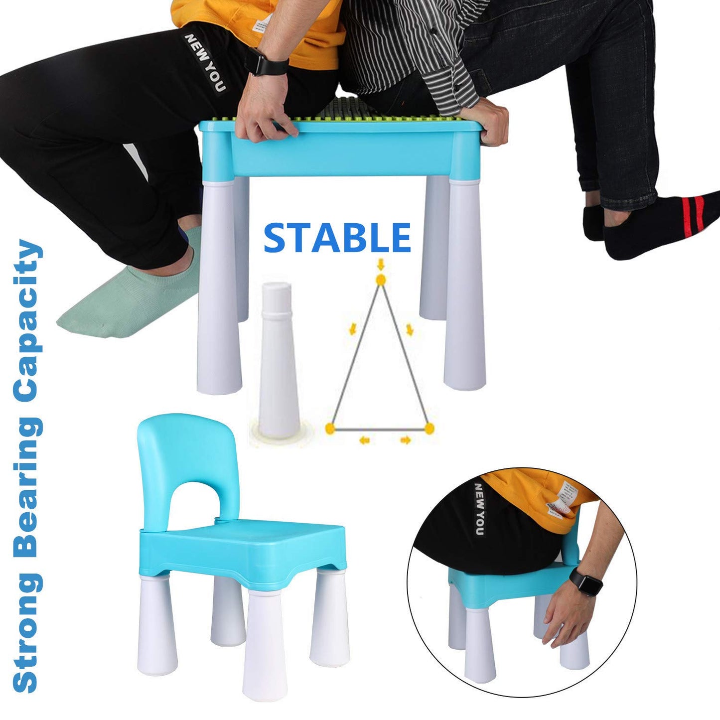 burgkidz 5-in-1 Multi Activity Play Table Set with Storage Includes 1 Chair and 128 Pieces Compatible Large Bricks Building Blocks for Kids Ages 2 and Up, Blue