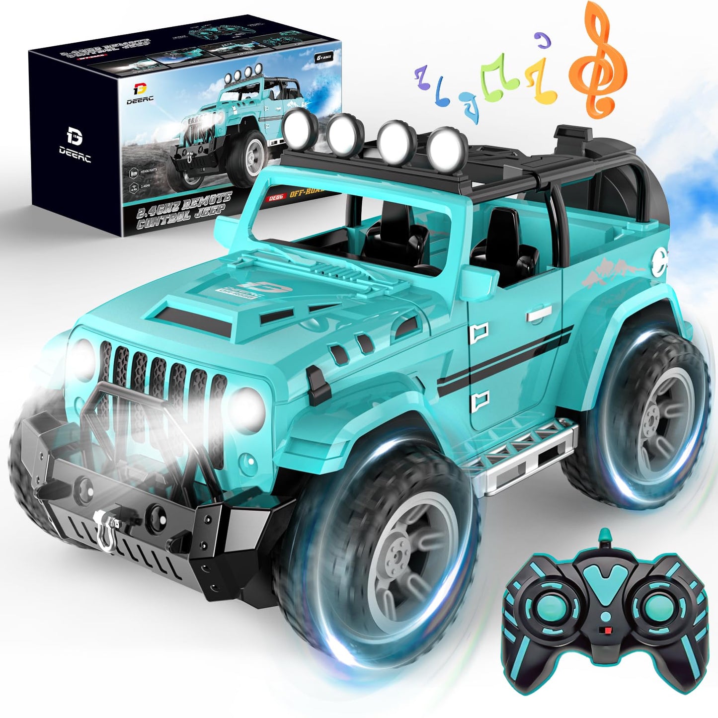 DEERC Jeep RC Car W/Spray Function, Remote Control Car W/Fog Mist, 1:16 Off-Road Truck W/ 2 Batteries, LED Lights& Sound, 50+ Min Play, 2.4Ghz All Terrain SUV Electric Vehicle Toy for Boys Adults