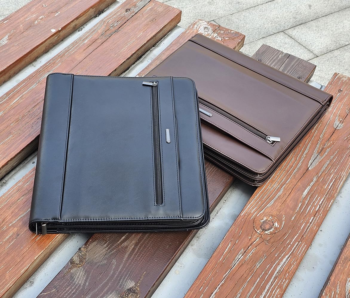 14" Laptop Briefcase, Vegan Leather Portfolio with Zipper Compartments x 2, A4 Papers Holder Padfolio Organizer, Black