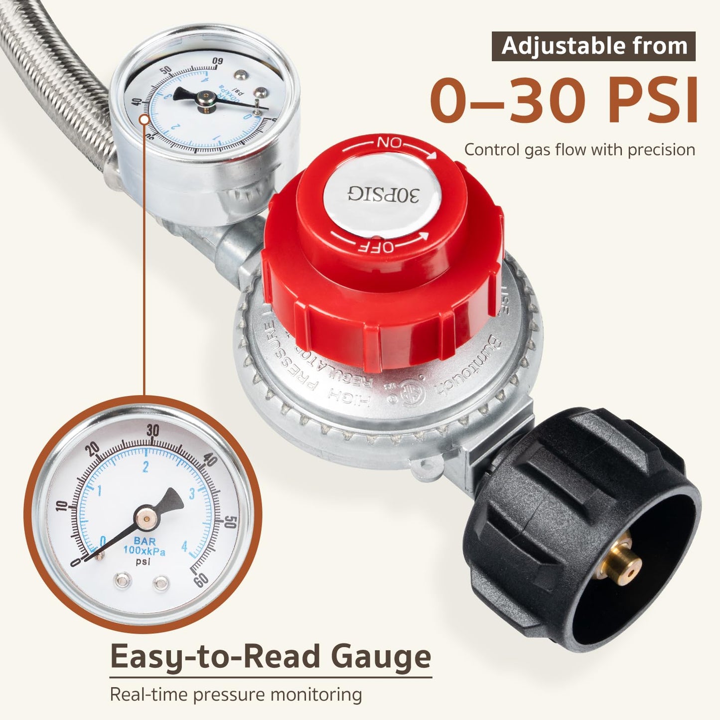 GASPRO 0-30 PSI Adjustable High Pressure Propane Regulator with Gauge, 5 FT Stainless Braided Hose, Perfect for Turkey Fryer, Gas Burner, Fire Pit