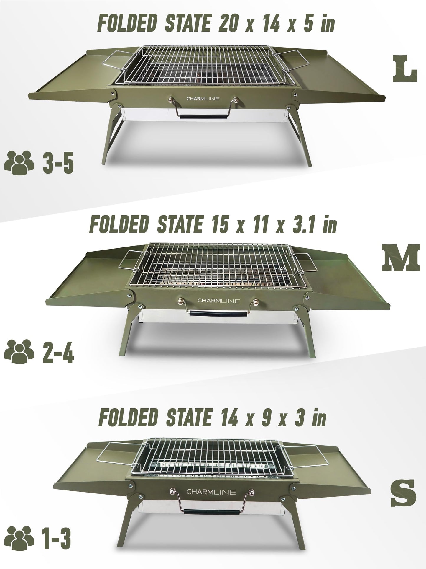 Charmline 35 x 23cm Small Foldable Portable Grill Charcoal, Compact Portable Grill, Desktop Charcoal Grill, BBQ Grill for Camping, Picnics, Gardens and Beach Parties, Green