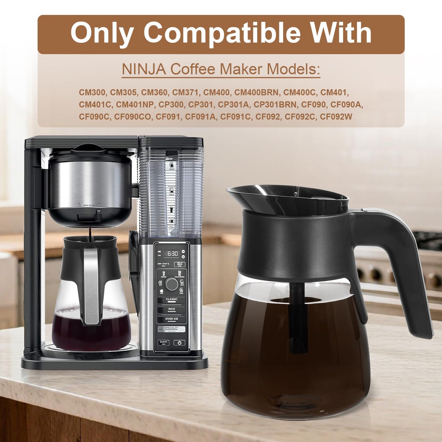 10-Cup Glass Carafe Replacement for Ninja CM401 /CM400/CM300/CM360C/CM371/CP301 Coffee Makers, Ninja Coffee Pot Replacement with Brew-Through Lid