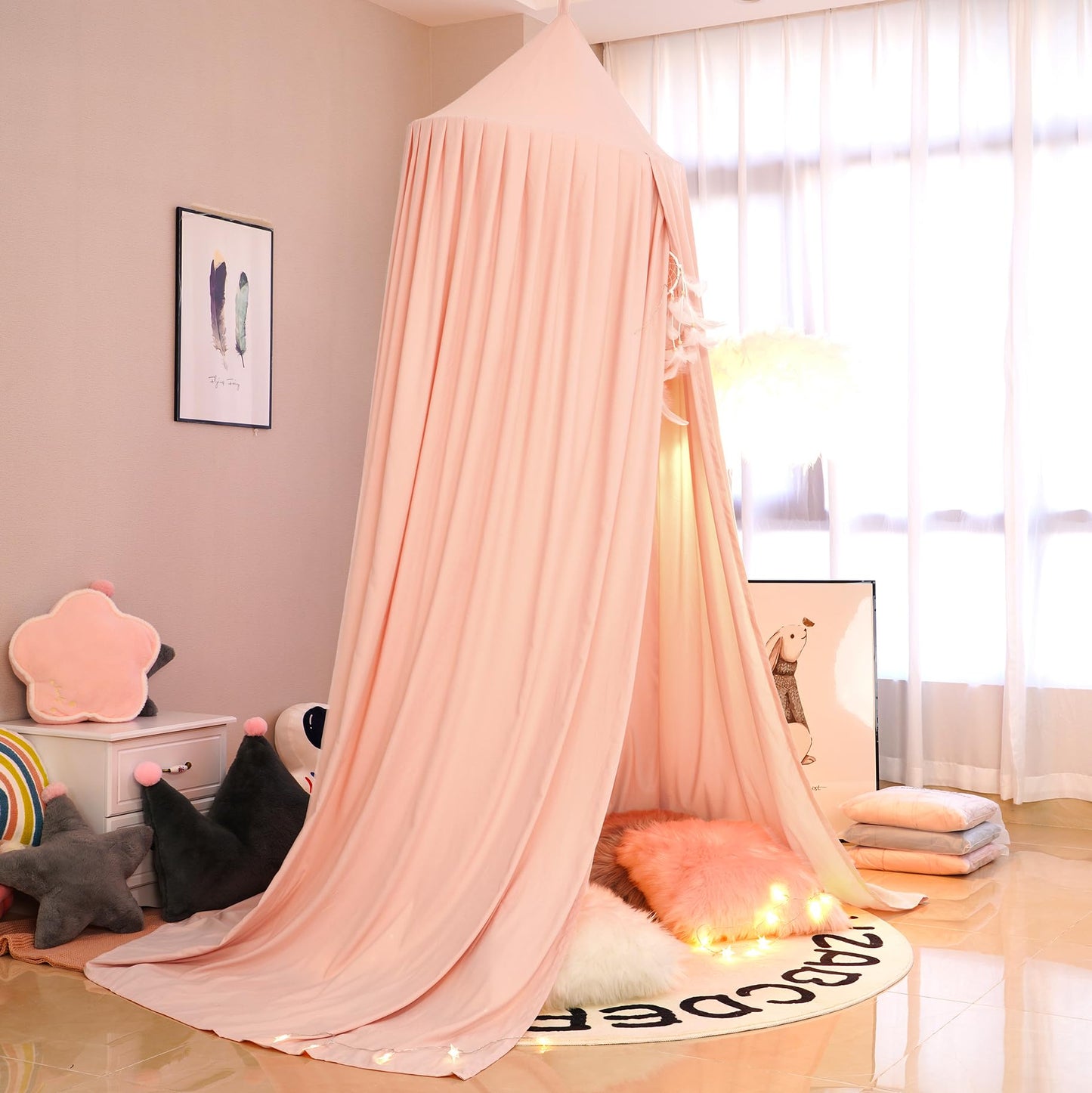 Extra Large Kids Bed Canopy for Girls Boys Bedroom Decor, Crib Nursery Hanging Light Blocking Reading Nook (Coral Pink)