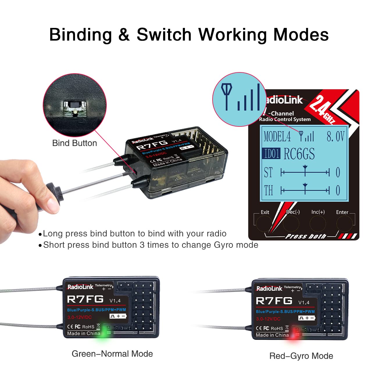 Eighteenup Radiolink R7FG 7 Channel RC Car Receiver 2.4GHz Gyro Telemetry Voltage Surface Long Range Control Compatible Remote Transmitter Radiolink RC6GS V2/RC6GS/RC4GS V2/RC4GS(2 Pcs)