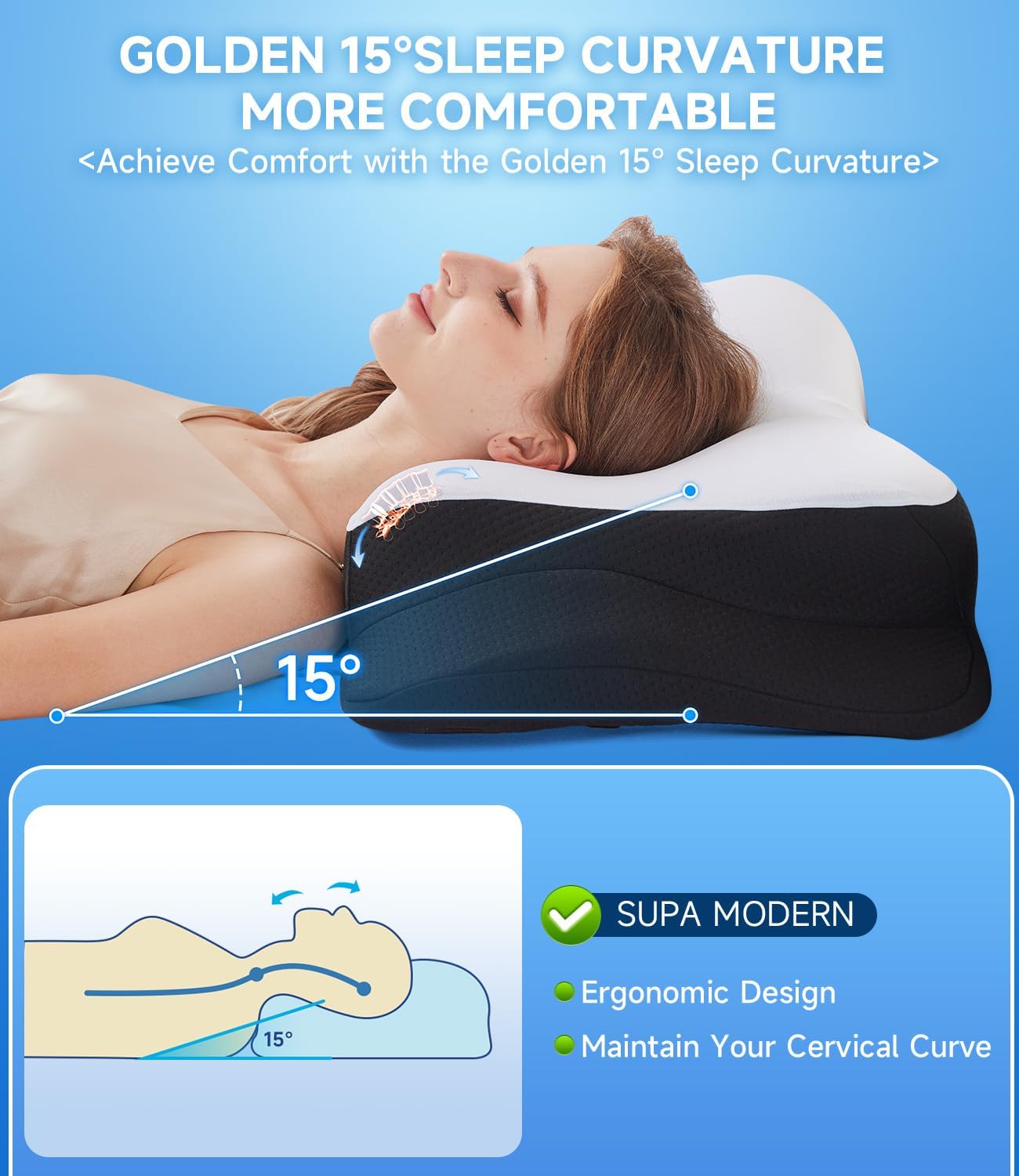 Cooling Cervical Neck Pillow for Sleeping, Contour Side Sleeper Pillow for Adults, Ergonomic Memory Foam Pillow Neck Pain Relief, Stomach Sleeping Pillow with Luxury Cool Cover