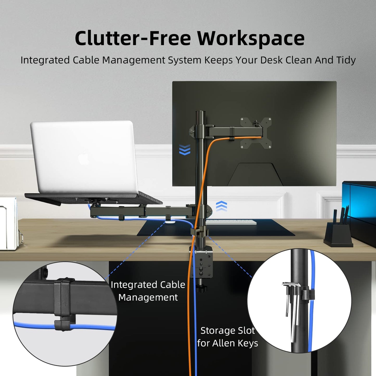 Suptek Monitor and Laptop Mount Holds 13-32 inch Computer Screen,Adjustable Monitor Arm Stand with Laptop Tray for 13-27 inch,Hold 22 lbs, with Clamp and Grommet Mounting Base