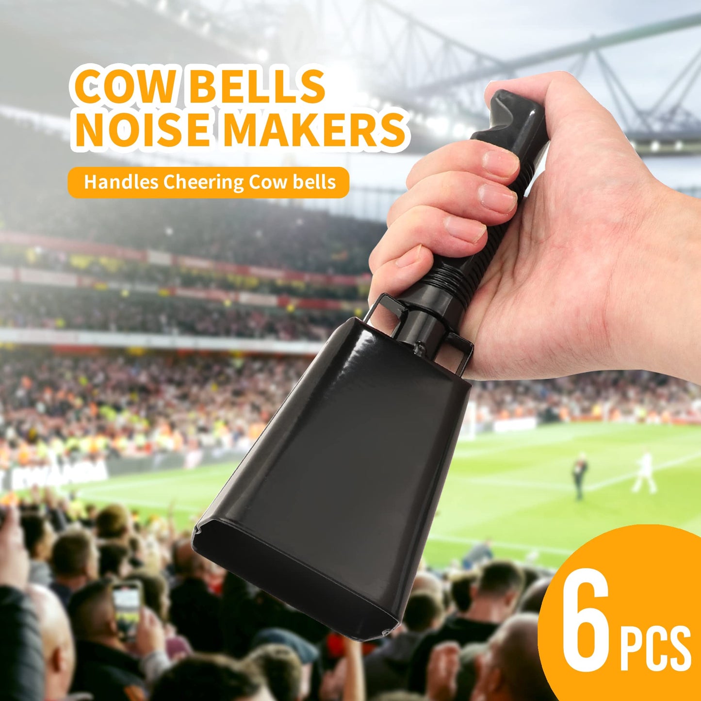 KEJJNYER 6 Pack Cow Bell with Handle Cowbells, 9 inch Noise Maker Cowbell, Black Cheering Bell Sporting Cowbells for Sporting Events