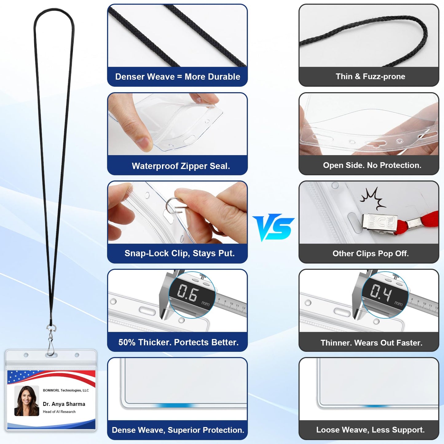 Bulk Black Lanyards for ID Badges, 100 Pack with Horizontal 4x3 ID Holder, Clear Waterproof Name Badge Holder with Lanyard for Office Teams, Schools, Events