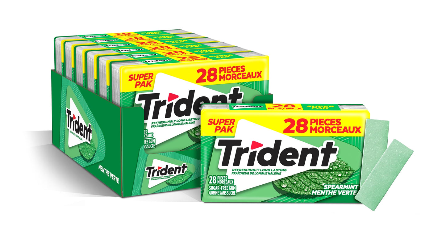 Trident, Spearmint Sugar-free Gum Mega Pack - Box of 6 Packs (168 Pieces)