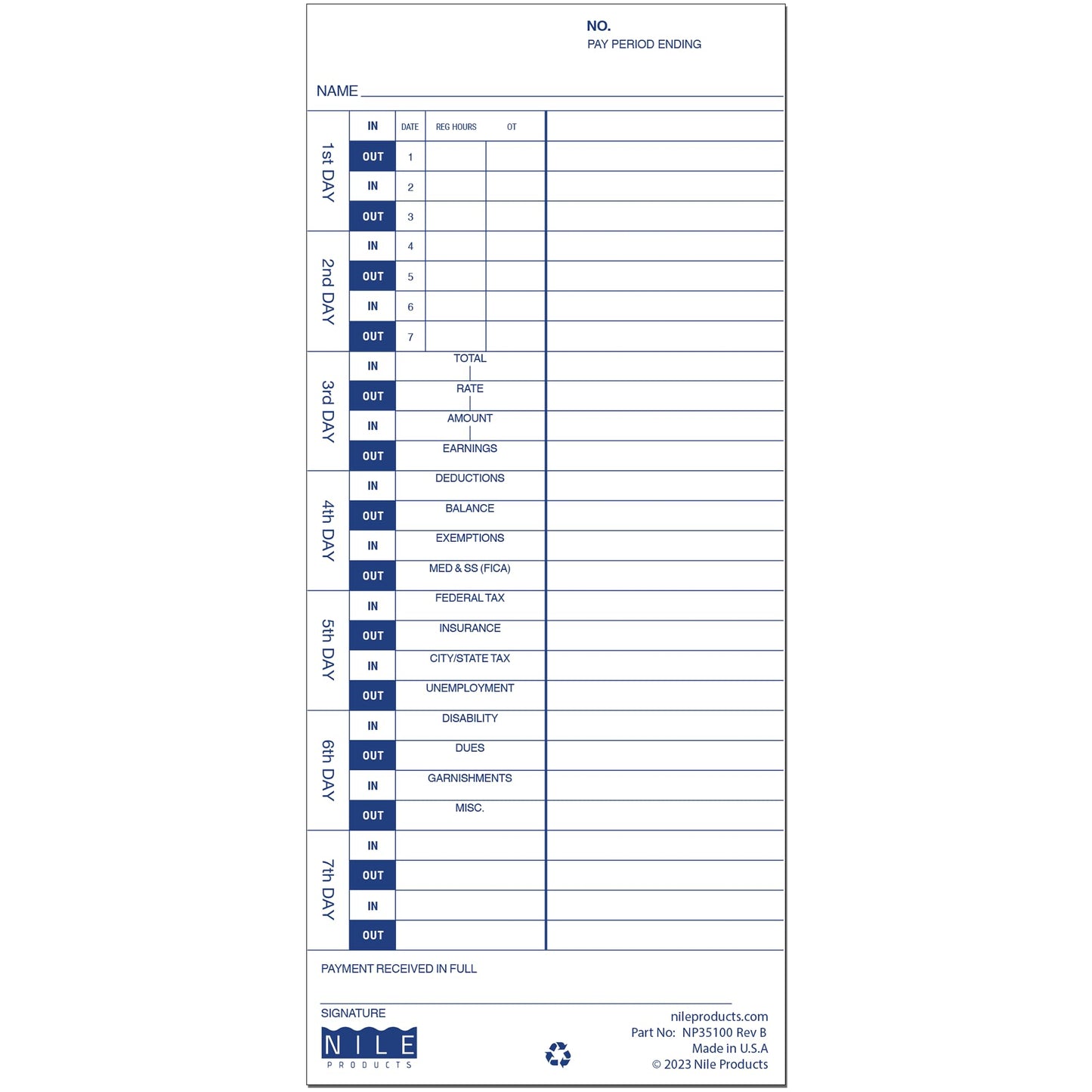 Nile Products - 200 Authorized Single Sided Time Cards for Pyramid Manual Side Print Timeclock and Document Stamp [ NP35100-PK2], Pyramid 35100-10 Compatible (4 W x 9 H Inches) - 200 Time Cards