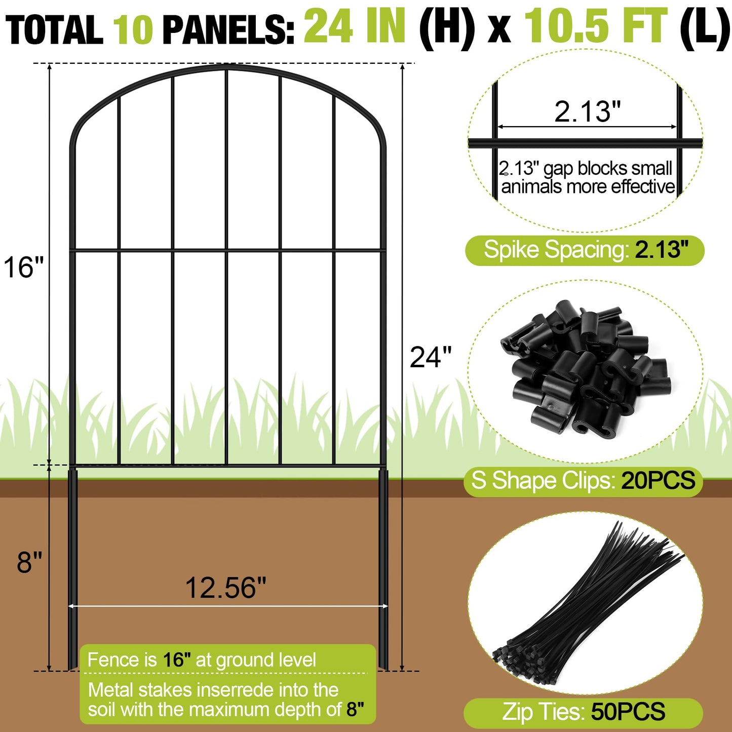 Decorative Garden Fence 24in (H) x 10.5ft (L), 10 Panels No Dig Garden Fencing Animal Barrier for Dogs Rabbits Arched Flower Bed Edging, Metal Wire Border Panel for Outdoor Patio Yard Decor