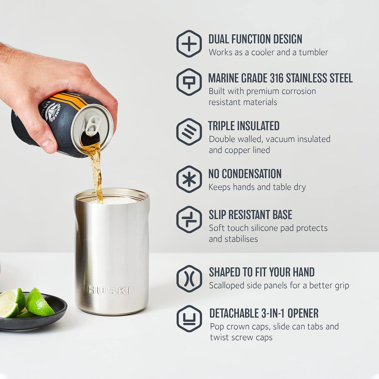 Huski Beer Cooler 2.0 | New | Premium Can and Bottle Holder | Triple Insulated Marine Grade Stainless Steel | Detachable 3-in-1 Opener | Works as a Tumbler | Best Gifts for Beer Lovers (Stainless)