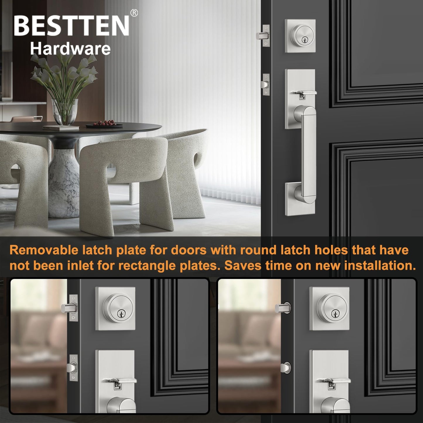 BESTTEN Square Front Door Entry Handle Set, Easy Install Adjustable Handle with Keyed Deadbolt Lock, All Metal Solid Construction in Stainless Nickel Finish