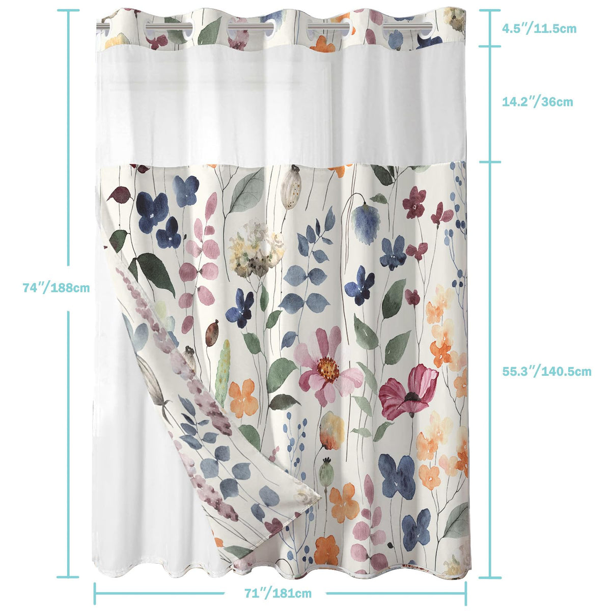 Shellspace No Hook 3 in 1 Shower Curtain with Snap in Liner, Colorful Flowers Shower Curtain Set with See Through Top Window, Machine Washable Waterproof Polyester Fabric Bath Curtain, 71 x 74 in