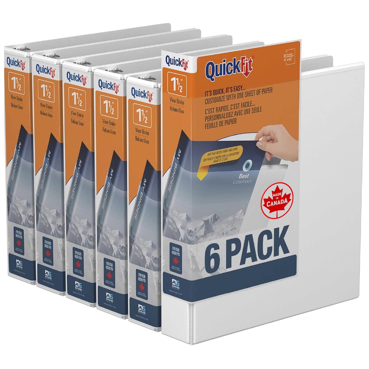 QuickFit View Binder, 3-Ring Binder for School or Office, Round Ring, White, 6 Pack, 1.5 Inch