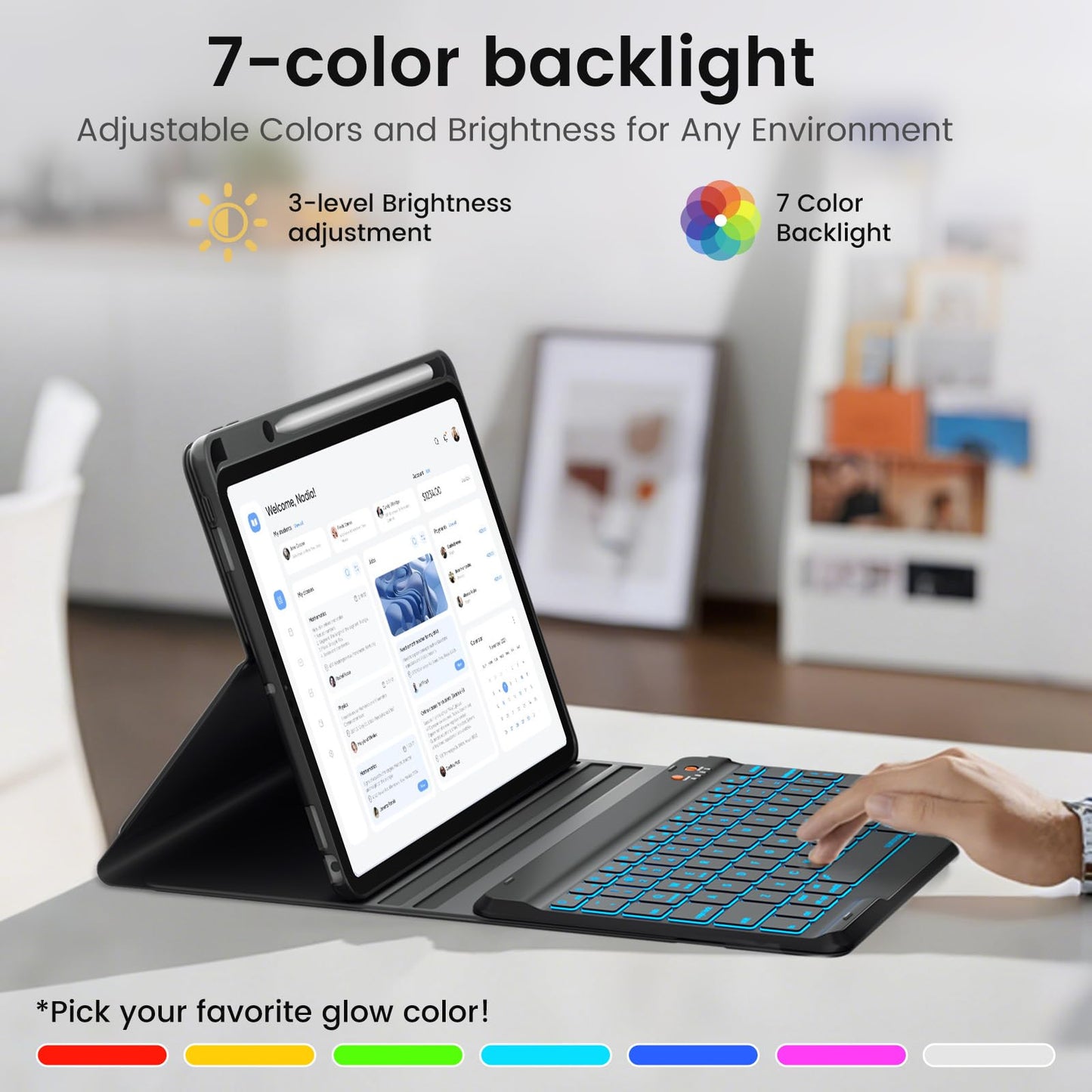 Keyboard Case for iPad (A16) 11th/10th Generation 10.9 Inch (2025/2022), Detachable Folio Keyboard Cover with 7 Colors Backlit Wireless Keyboard Pencil Holder