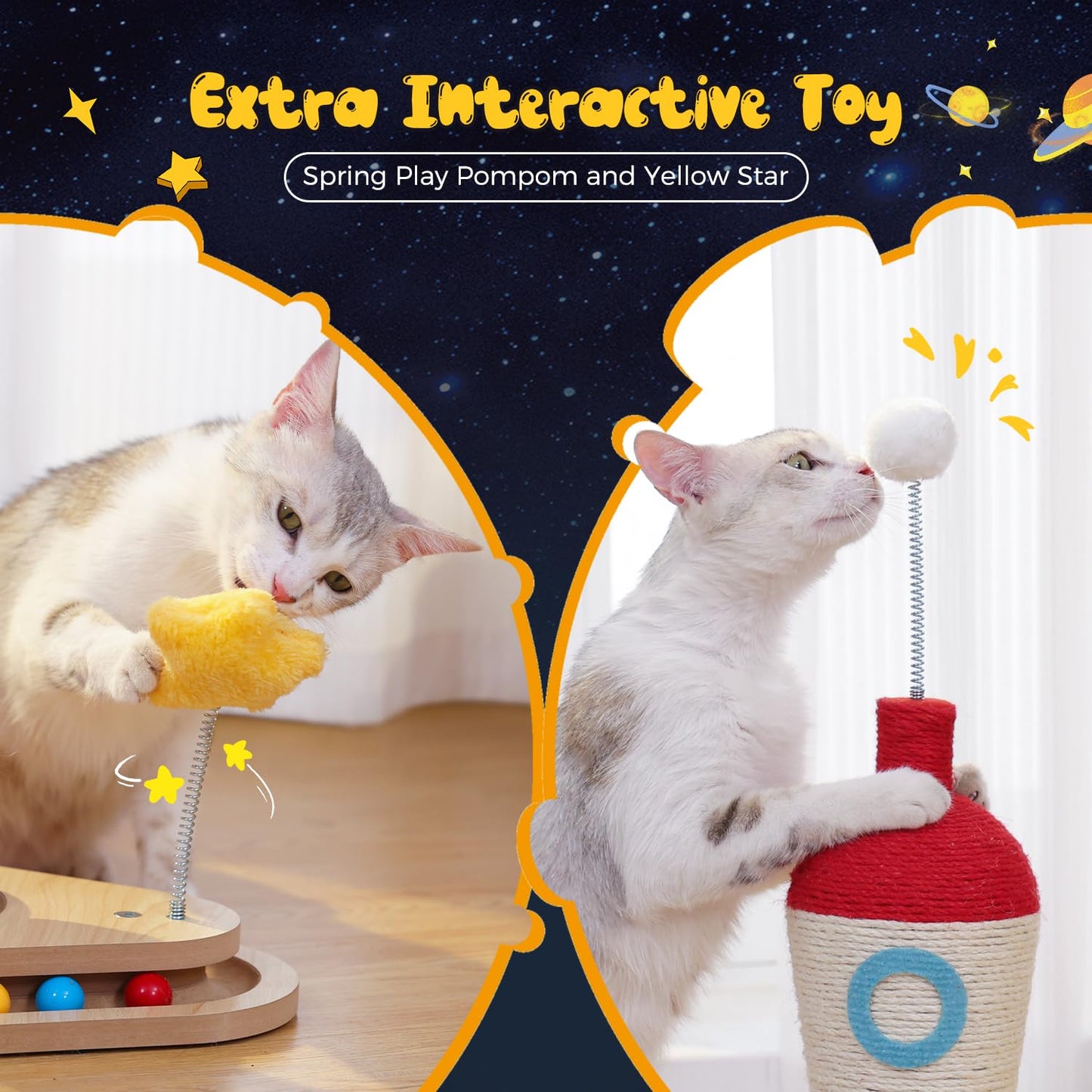 PEQULTI Rocket Design Cat Scratching Post, 24.8 Inches, Great Cat Scratching Structure for Indoor Cats with Cat Toy, Blue & White