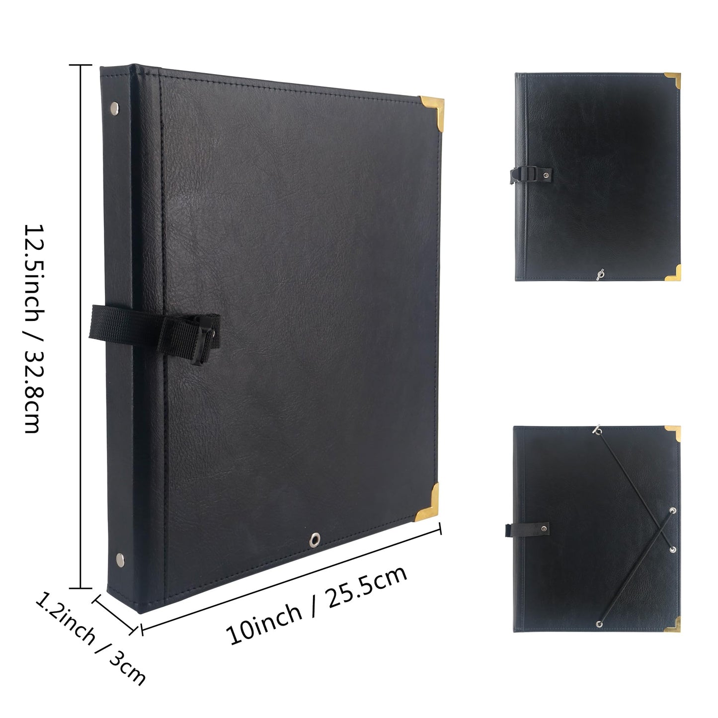 GraduatePro PU Leather Sheet Music Choir Folder Black, 3 Rings Binder 12.5" x 10" Piano Music Binder with Elastic Band,10 Pockets for Sheets 8.5 * 11/A4