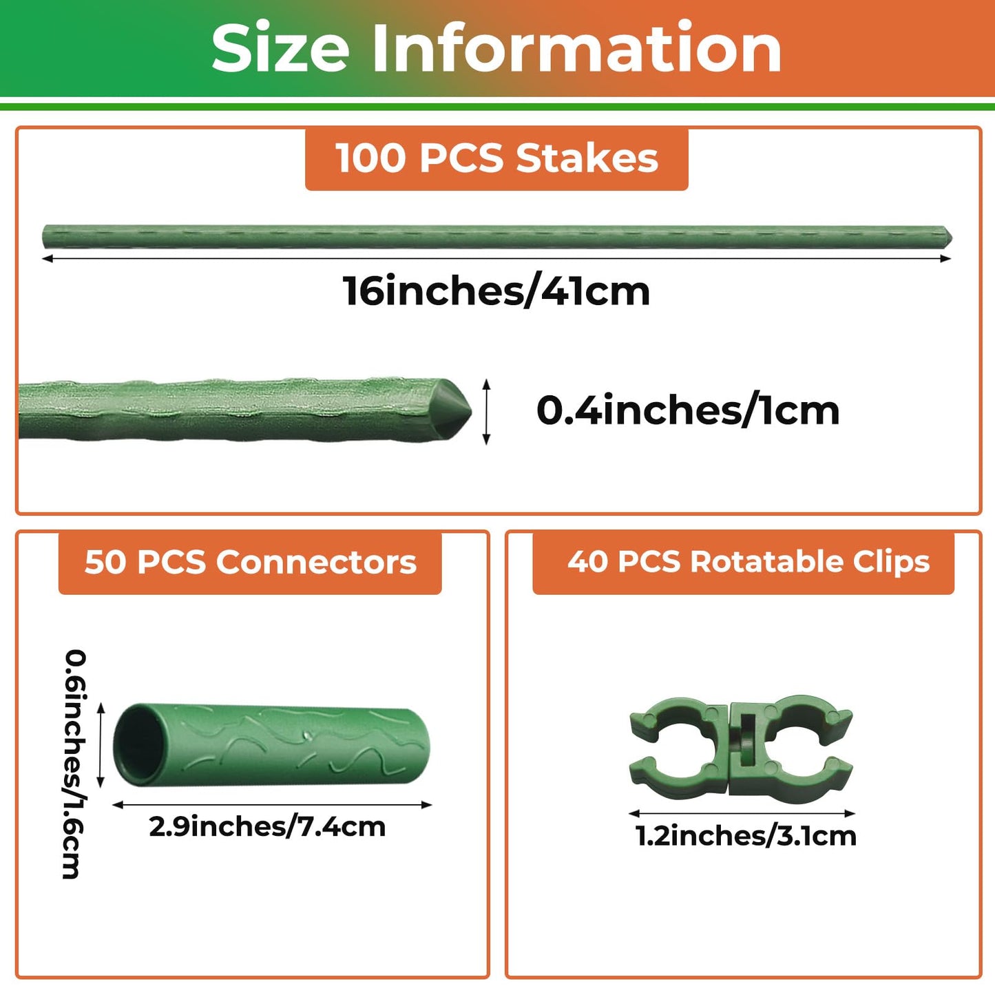 Garden Stake Kit 100 Pack Plastic Coated Metal Stick with 50 Connector 40 Rotatable Clips for Indoor Outdoor Plant Tomato Flower (100)