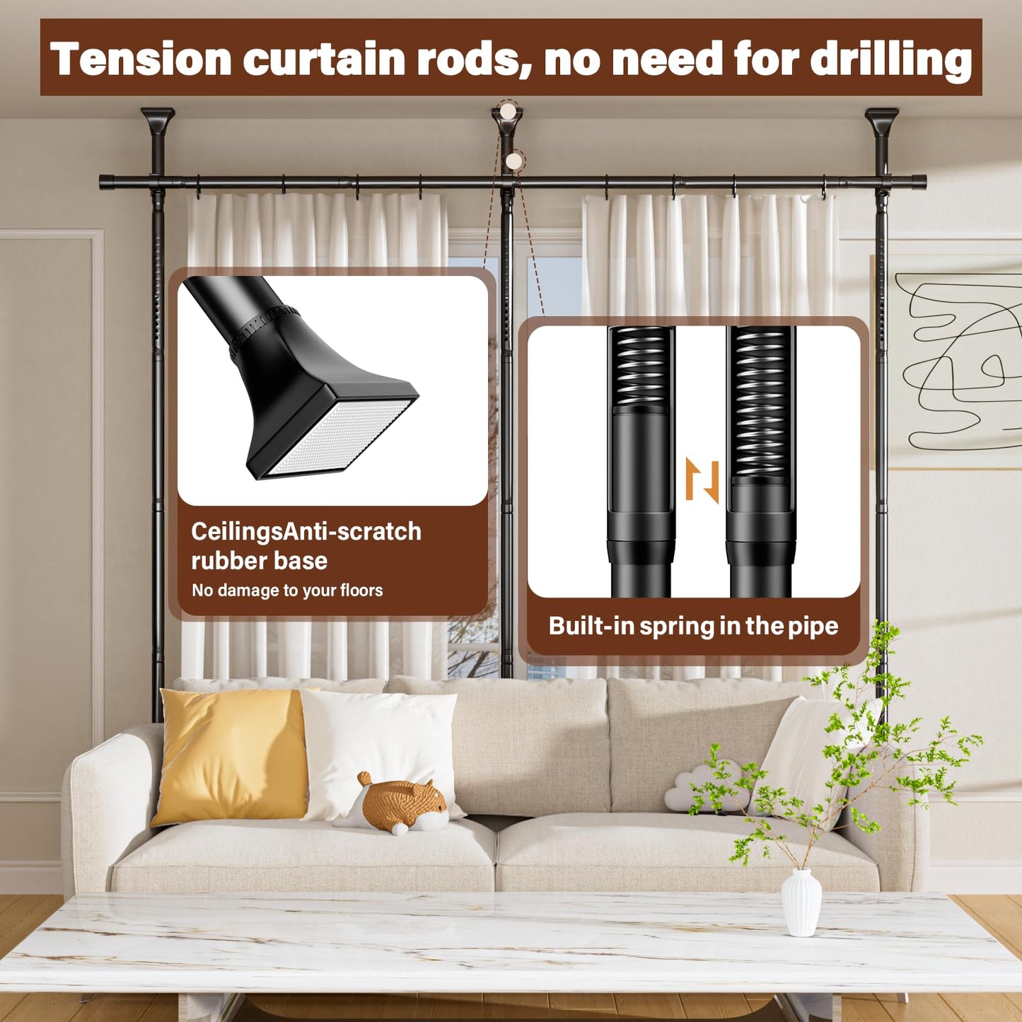 Room Divider Curtain Rod, No Drilling Tension Curtain Rod, 4-10ft H x 28-114in W Adjustable, Heavy Duty Freestanding Room Divider for Space Partition & Room Separation, Black
