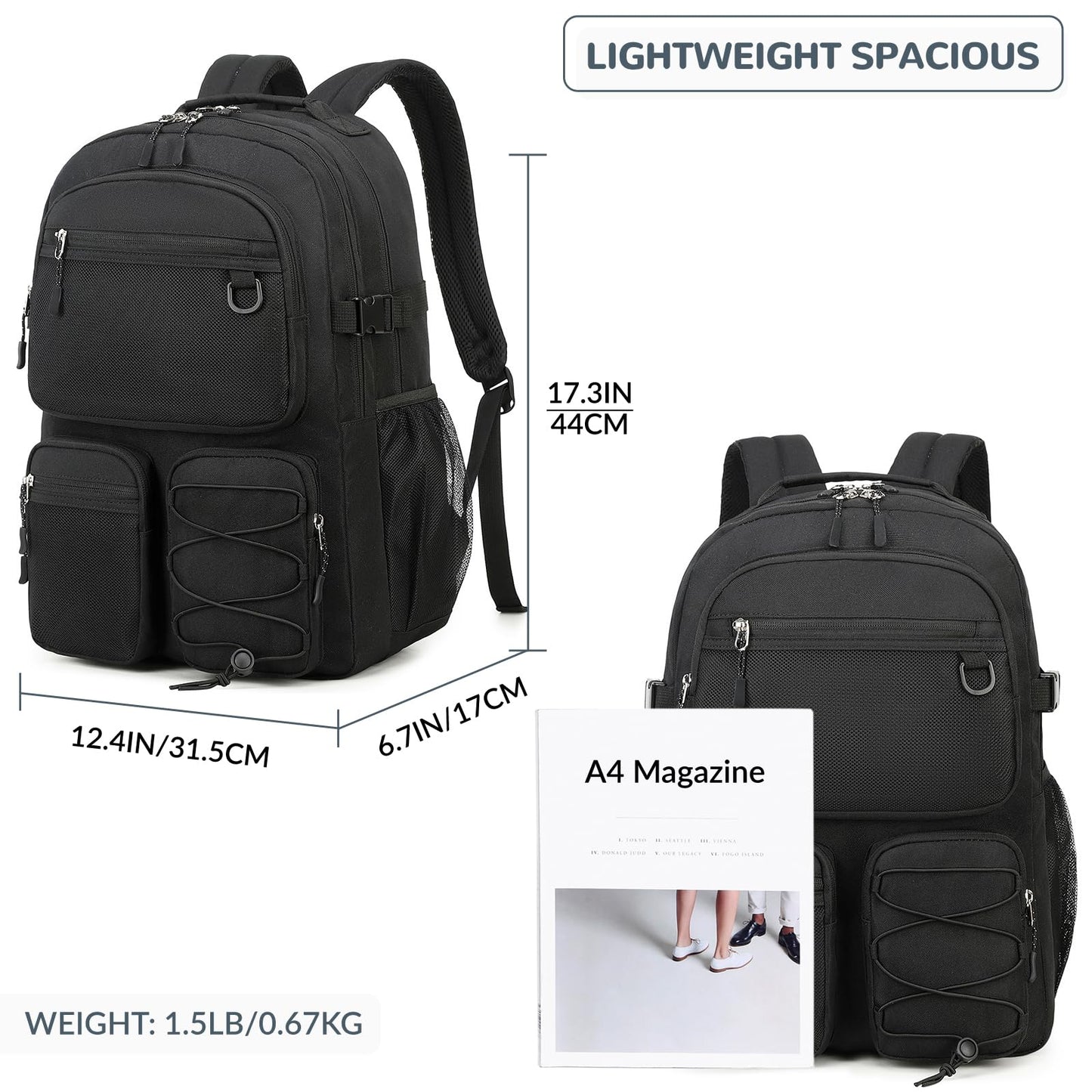 Lohol Water Resistant Daypack with Mulitiple Pockets for Travel Outdoor College, 15.6 inch Laptop Backpack for Men and Women, Black, Large, Daypack Backpacks