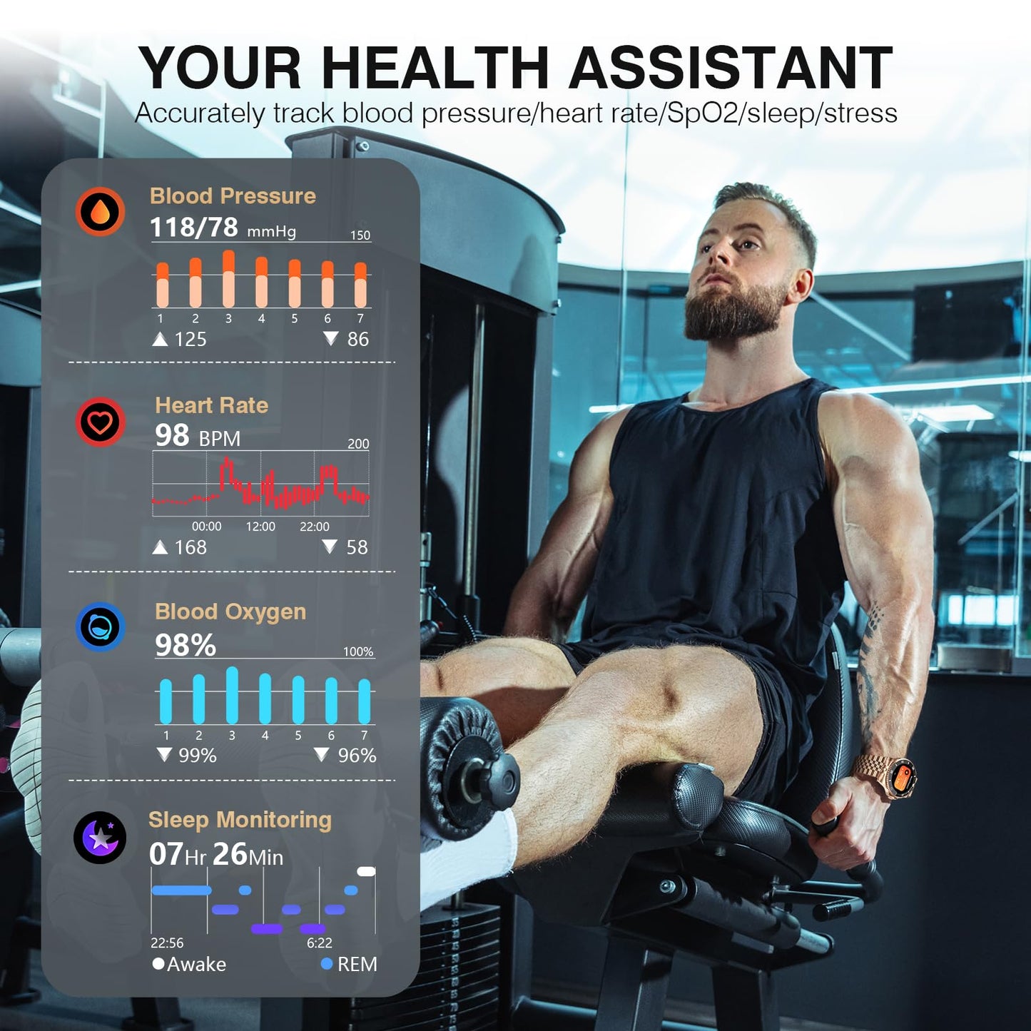 2025 DA GPT Smart Watch, Deep Search, Heart Rate, Stress, Blood Oxygen, Sleep Monitor, 107 Sports Modes, Waterproof Round Watch, 1.19-inch AMOLED Display, Compatible Android and iOS Gold Metal