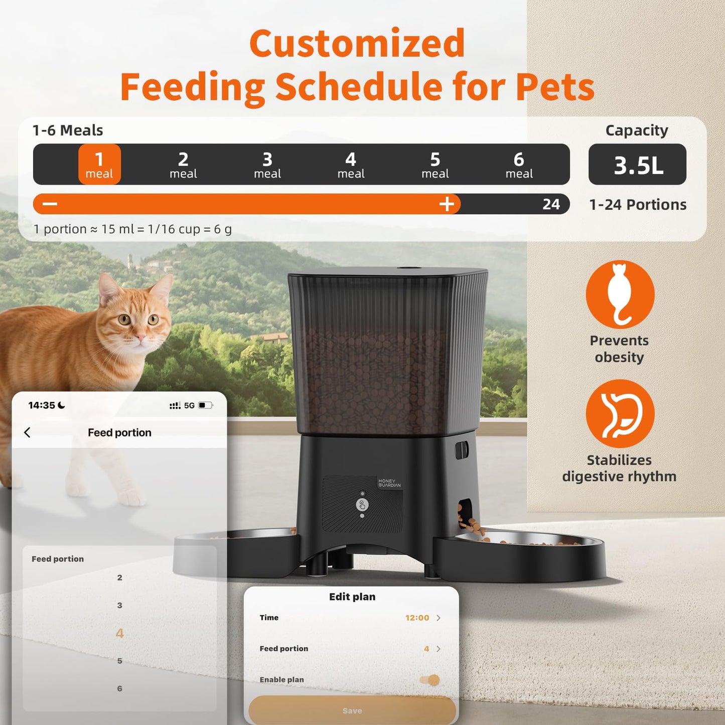 HoneyGuaridan Automatic Cat Feeder with 2.4G/5G WiFi,3.5L Cat Food Dispenser with APP Control – Includes 2 Stainless Steel Bowls & 2 Slow Feeder Anti-Choking Bowls, Four Anti-Slip Feet