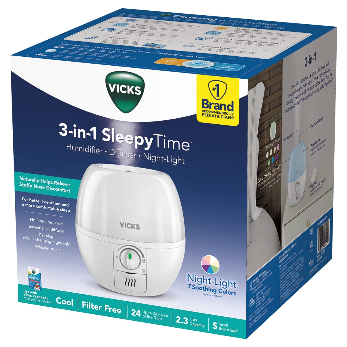 Vicks VUL500C 3-in-1 SleepyTime Ultrasonic Humidifier Diffuser Night-Light, Small Humidifier for Baby, Bedroom, Office Desk, with Variable Output Control, Scent Pad Slots, Auto Shut-Off, 2.3L/0.6Gal