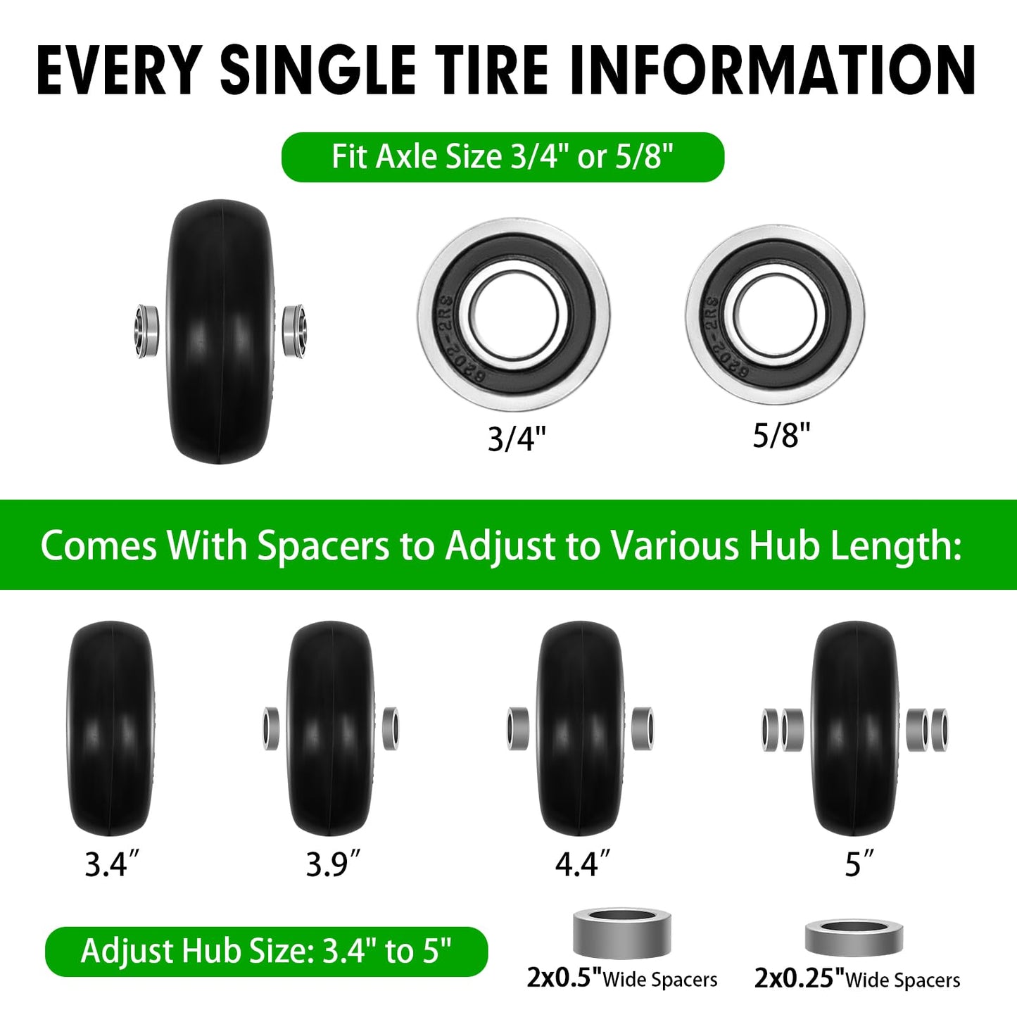 11x4.00-5" Lawn Mower Tire on Wheel Flat Free 2 PCS, 3/4" or 5/8" Bearing, Solid Mower Wheel for Residential and Commercial 3.4"-5" Centered Hub, Zero Turn Mower Front Tires