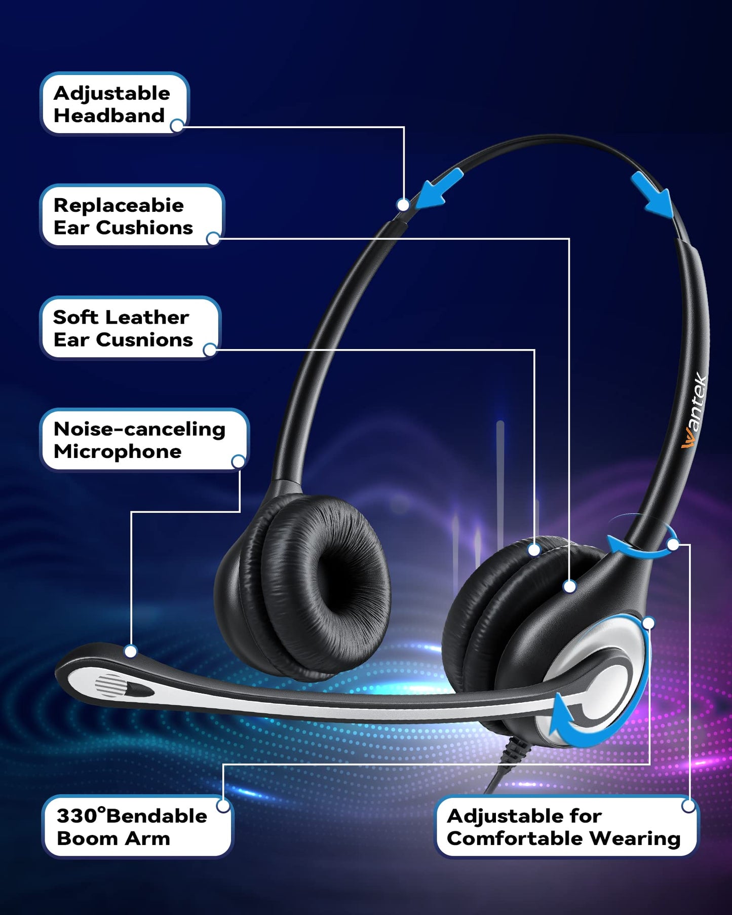 Wantek Corded Telephone Headset Dual w/Noise Canceling Mic + Quick Disconnect Compatible with Mitel Avaya Aastra Allworx Adtran Alcatel Lucent AltiGen Comdial Digium Plantronics Landline Deskphones