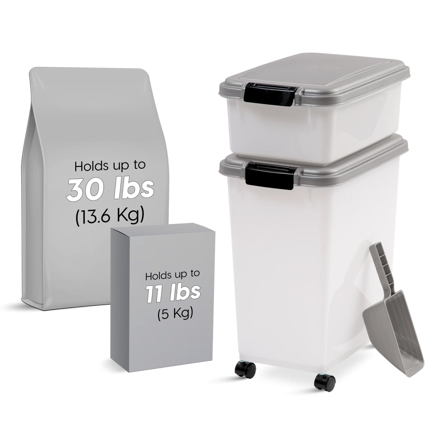 IRIS USA Airtight Dog Food Storage Container Combo, 30 lb + 11 lb Stackable Pet Food Bins with Wheels, Cat Food & Dog Treat Storage, BPA Free, Includes 2-Cup/450 g Scoop, Chrome
