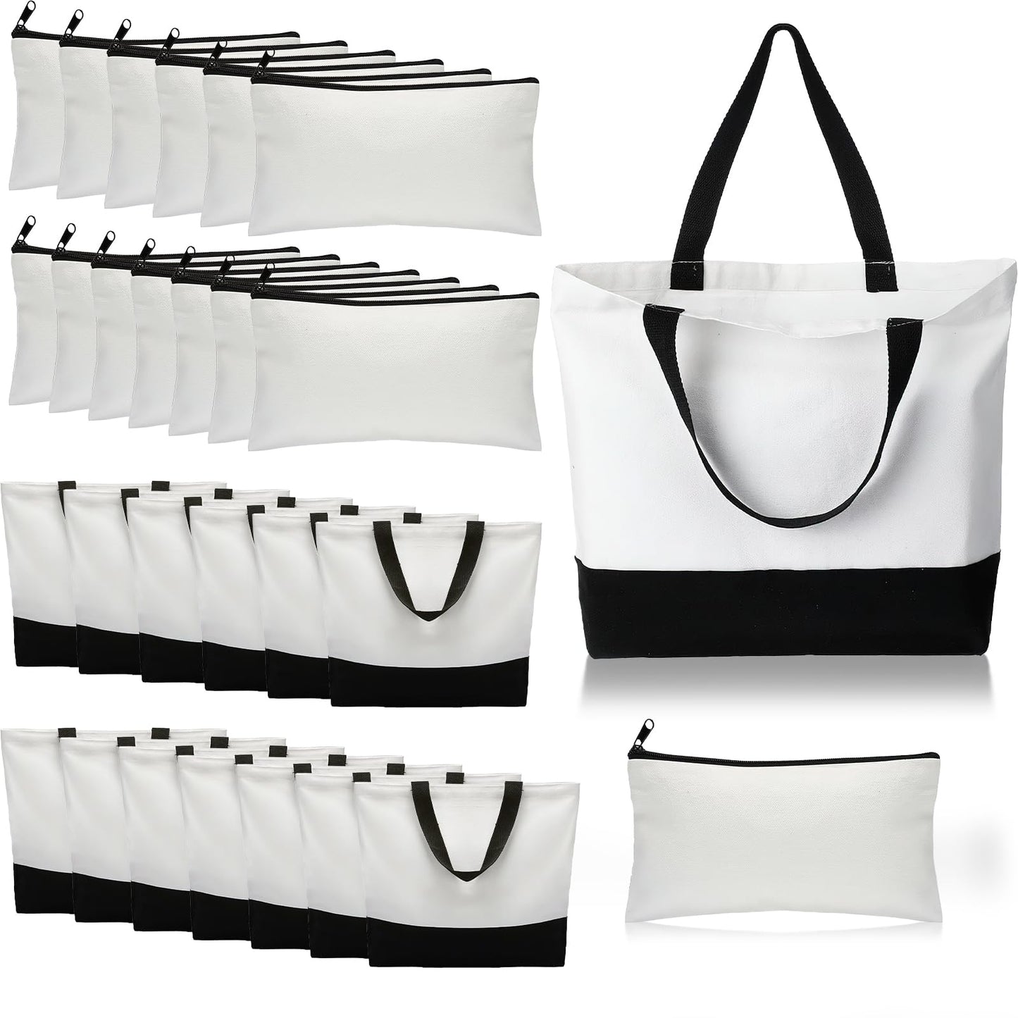 28 Pack Sublimation Blanks Tote bags and Makeup Bags Reusable Grocery Bags with Handles DIY Heat Transfer Canvas Tote Bags Shopping Bags for DIY Advertising Christmas Craft Present, Black and White