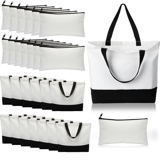 28 Pack Sublimation Blanks Tote bags and Makeup Bags Reusable Grocery Bags with Handles DIY Heat Transfer Canvas Tote Bags Shopping Bags for DIY Advertising Christmas Craft Present, Black and White
