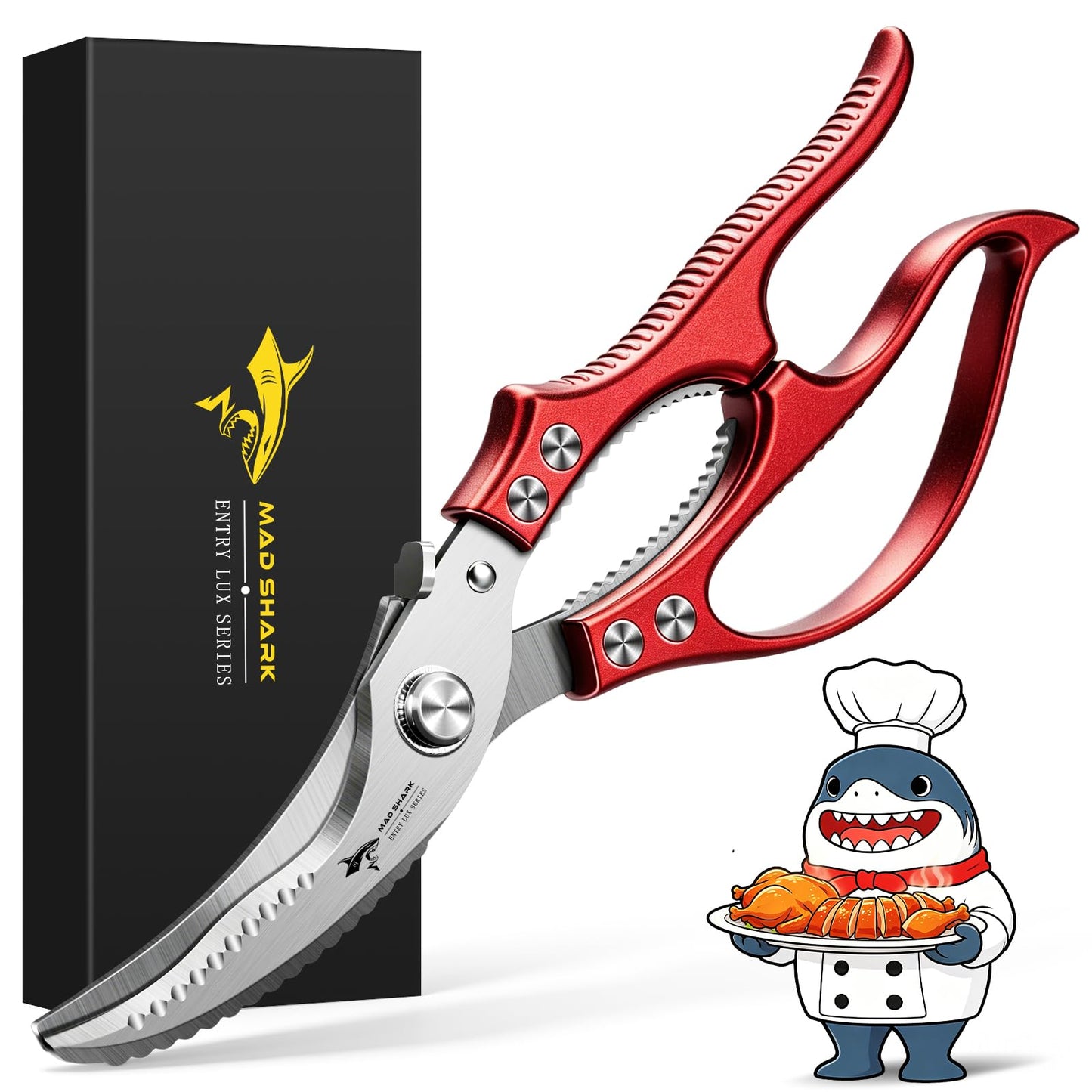MAD SHARK Heavy Duty Poultry Shears, Kitchen Shears with Non-Slip Handle & Safety Lock, All Purpose Kitchen Scissors for Chicken, Meat Cutting, Turkey, Fish, Vegetables, Spring Loaded (Red)