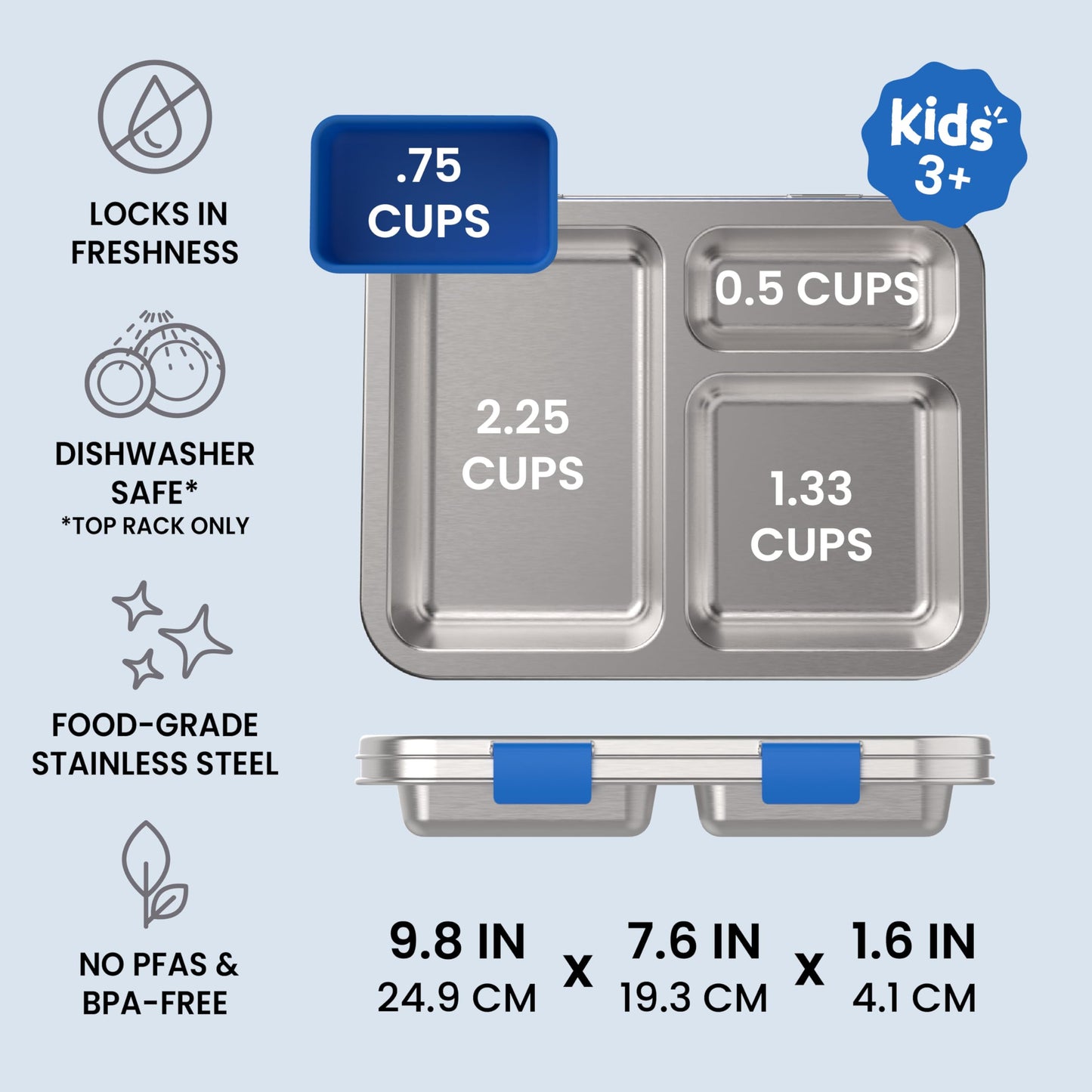 Bentgo® Kids Stainless Steel Leak-Resistant Lunch Box - Bento-Style Redesigned in 2022 w/Upgraded Latches, 3 Compartments, & Extra Container - Eco-Friendly, Dishwasher Safe, Patented Design (Blue)