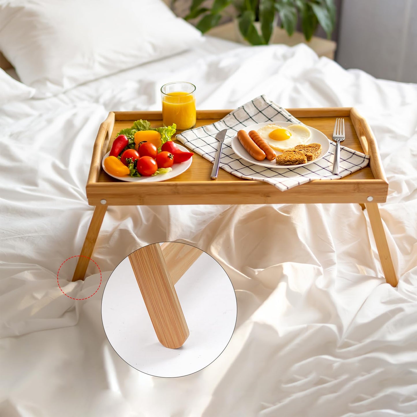 BAMBITION 2 Pack Bed Tray Tables, Bamboo Breakfast Serving Trays with Folding Legs and Handles, Wood Lap Tray Table for Eating on Couch