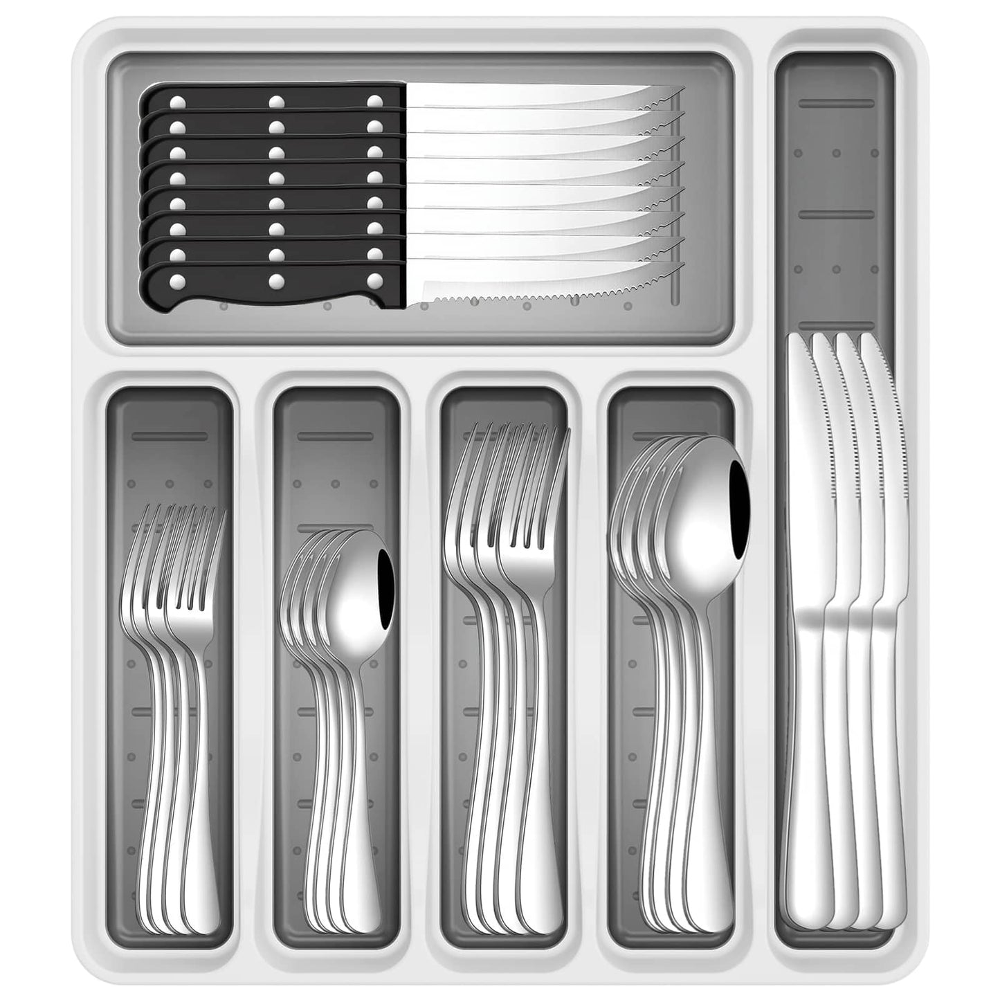 49-Piece Cutlery Set with Organizer, Stainless Steel Silverware Set Service for 8 with Steak Knives and Utensils