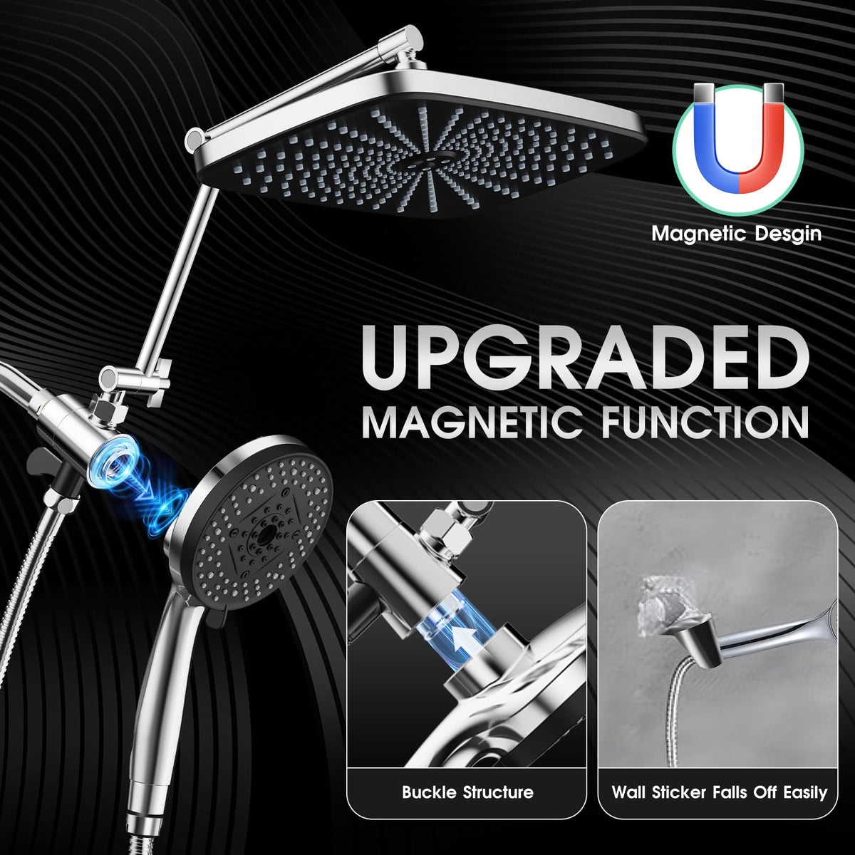 SANISANO High Pressure 12" Rainfall Shower Head with Magnetic 4.7" 9-Mode Handheld Spray Combo, Adjustable Height/Angle Extension Arm, 59'' Extra Long Shower Hose (Chorme)
