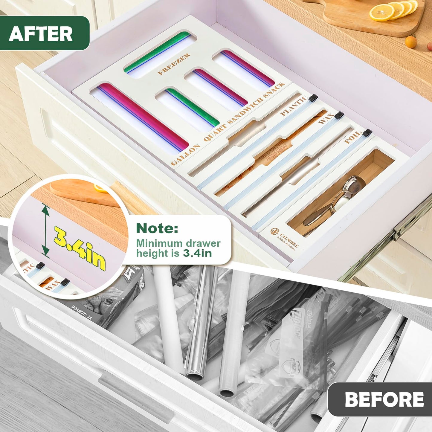 Calmbee 9 IN 1 Storage Bag Organizer for Kitchen Drawer, Bamboo Foil and Plastic Wrap with Cutter, Organizers Compatible Gallon, Quart, Sandwich Snack Size (White)