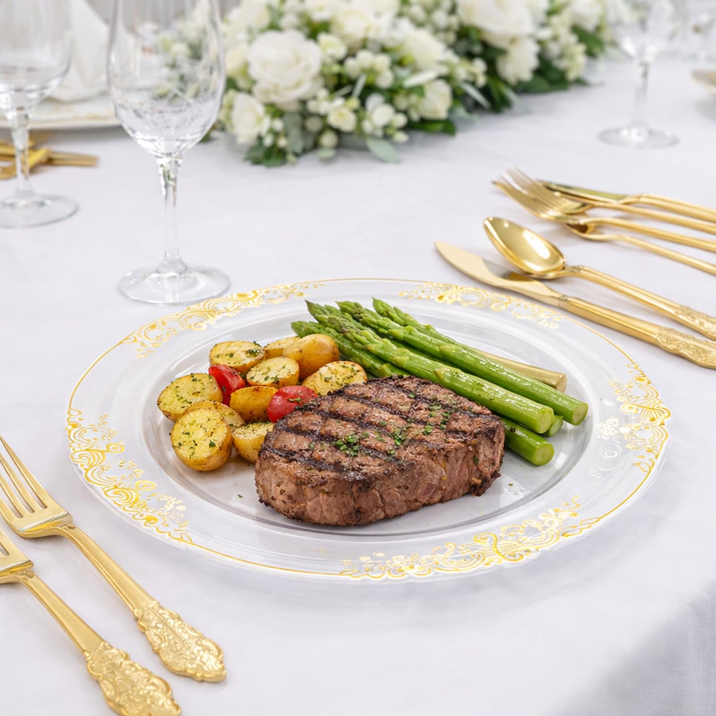 51 Set Clear Plastic Plates with Gold Rim, 10 Inch Dinner Plates and 7.5 Inch Dessert Plates for Wedding, Christmas, Shower, Gathering