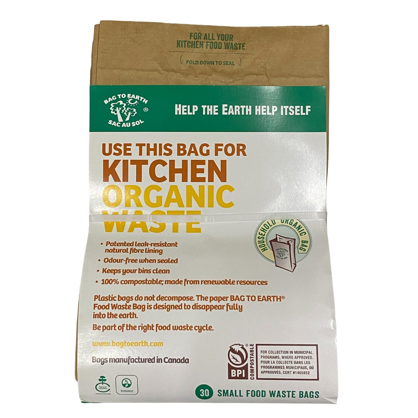 Bag to Earth - Kitchen Food Waste Bag - Compostable Bag - Leak Resistant -%100 Paper Cellulose Liner - Small - 30 Bags