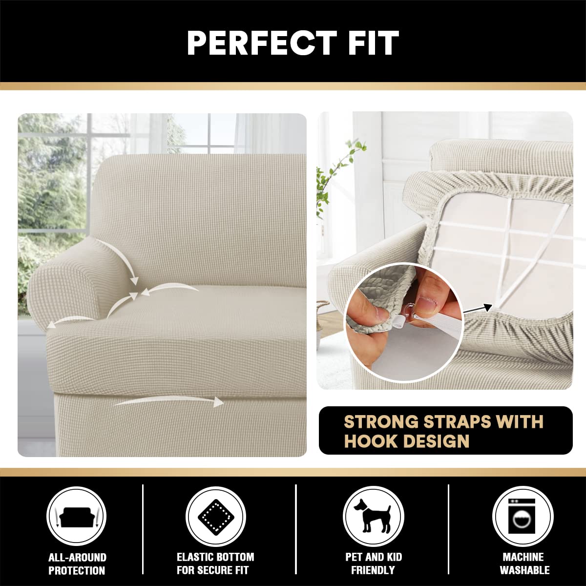 T Cushion Loveseat Slipcover 3 Pieces Sofa Covers for T Cushion Sofa Stretch Sofa Covers for 2 Cushion Couch with 2 Individual T Cushion Shape Seat Covers Machine Washable, Island Fossi