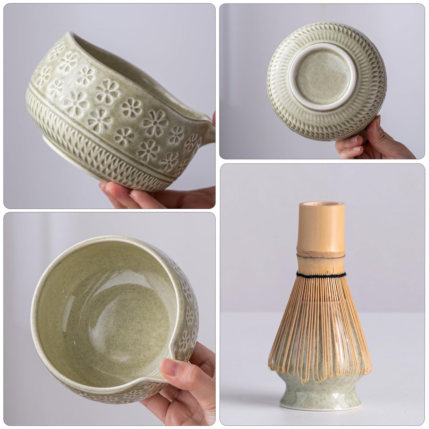 Buucup Matcha Whisk Set, Ceramic Matcha Set Includes Matcha Bowl, Matcha Whisk and Holder, Bamboo Scoop, Scoop Rest, Sifter and Tea Towel - 7 Pcs Matcha Kit for Matcha Lovers (Mottled Green)