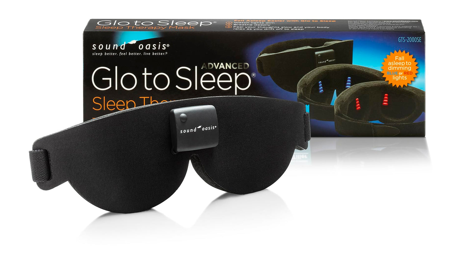 Advanced Glo to Sleep Eye Mask, Nighttime Adult Sleep Aid for Men & Women, Deep REM Sleep, Relaxation, Red & Blue lighting, patented Sleep Enhancement Technology helps you fall asleep quickly.