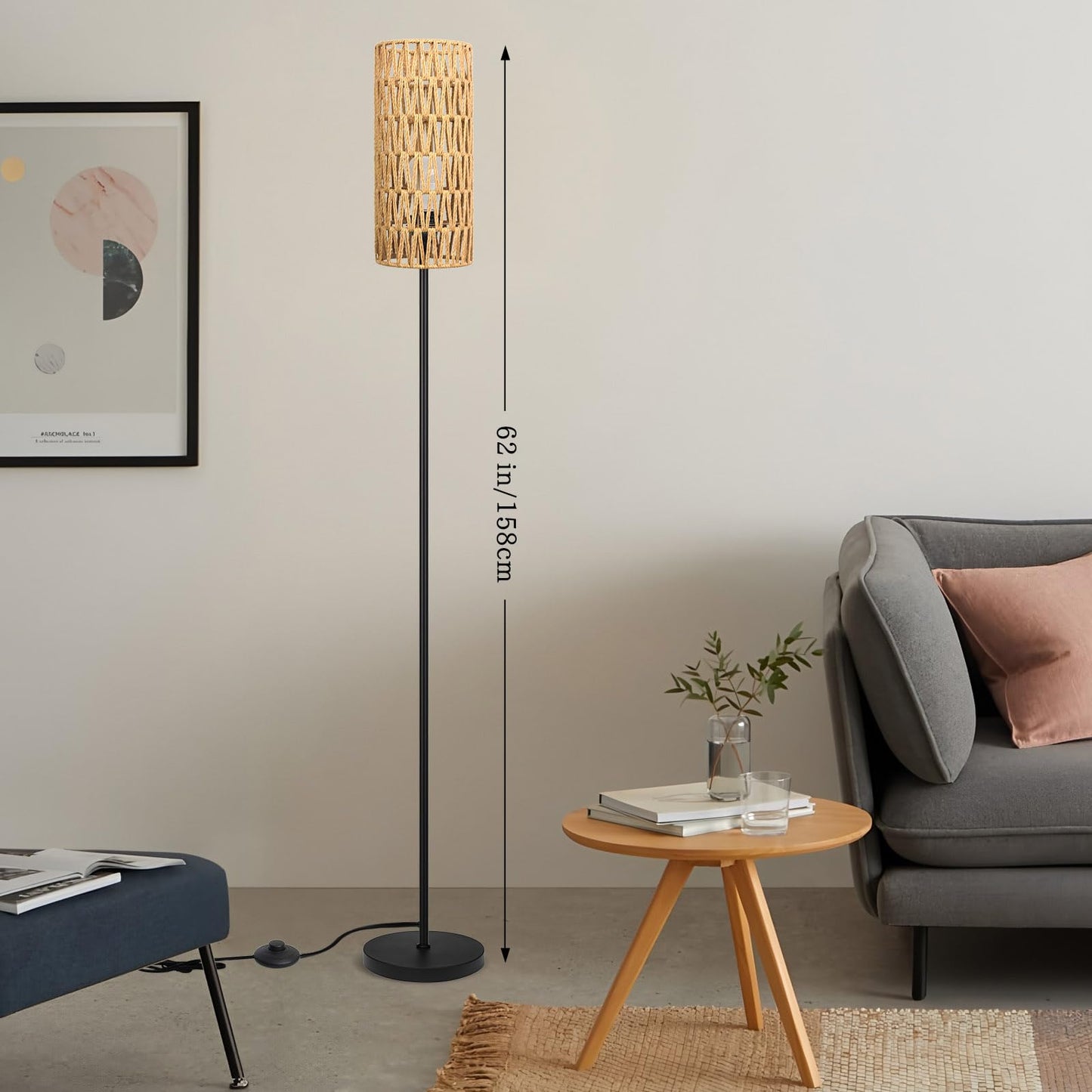 Floor Lamp for Living Room,Farmhouse Rattan Floor lamp,Modern Standing lamp with Hand-Worked Rattan Shade,Black Tall Lamp with Foot Switch