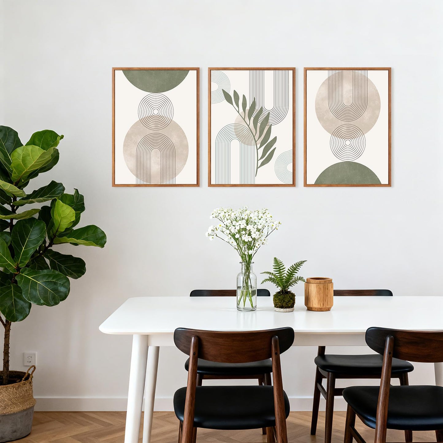 HPINUB Sage Green Boho Framed Canvas Wall Art Set, (Set of 3,12X16 Inch) Minimalist Beige Green Botanical Wall Decor, Abstract Geometric Line Leaf Painting for Living Room,Bedroom,Office Decor