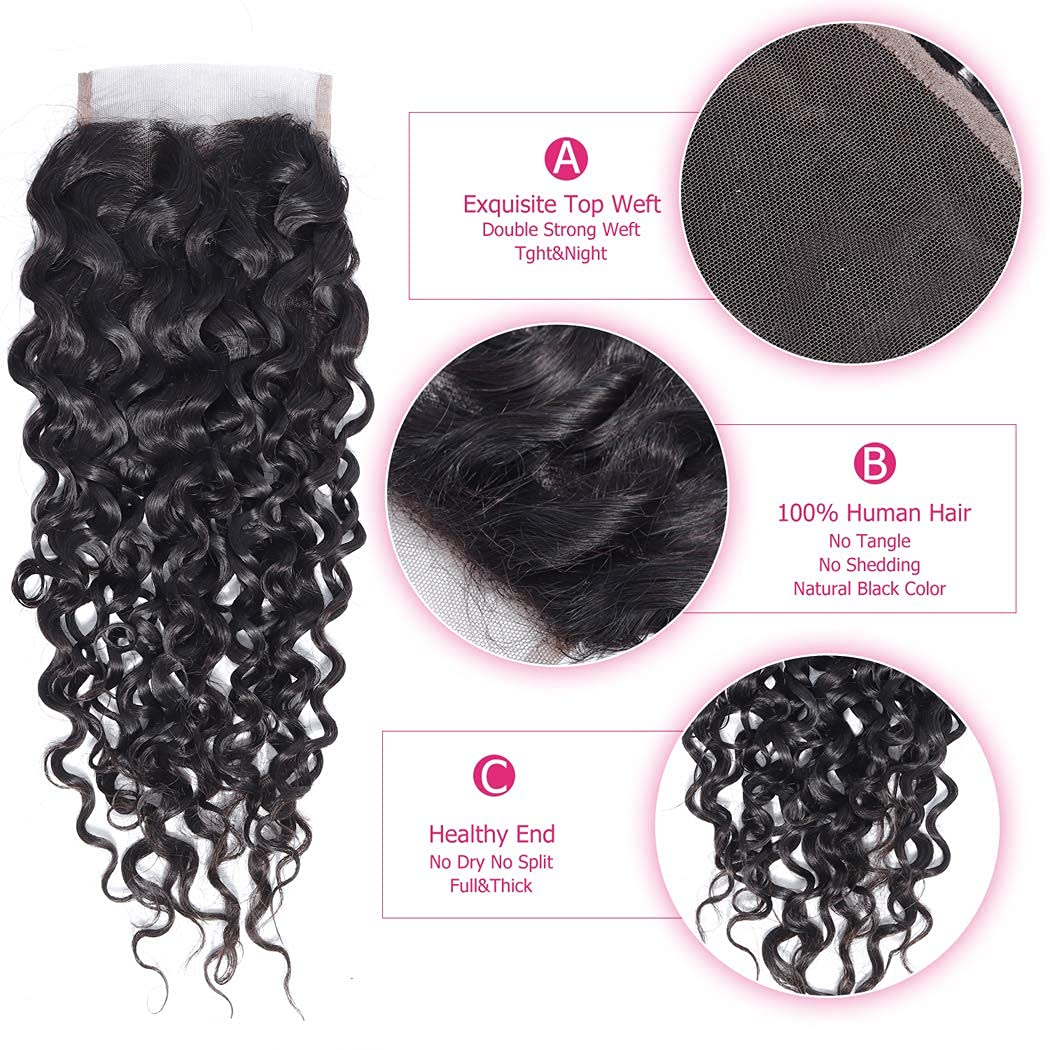 Brazilian Virgin Human Hair Water Wave 4x4 Lace Closure Free Part 14 Inch 100% Unprocessed Virgin Wet And Wavy Human Hair Transparent Lace Closure Natural Black Color
